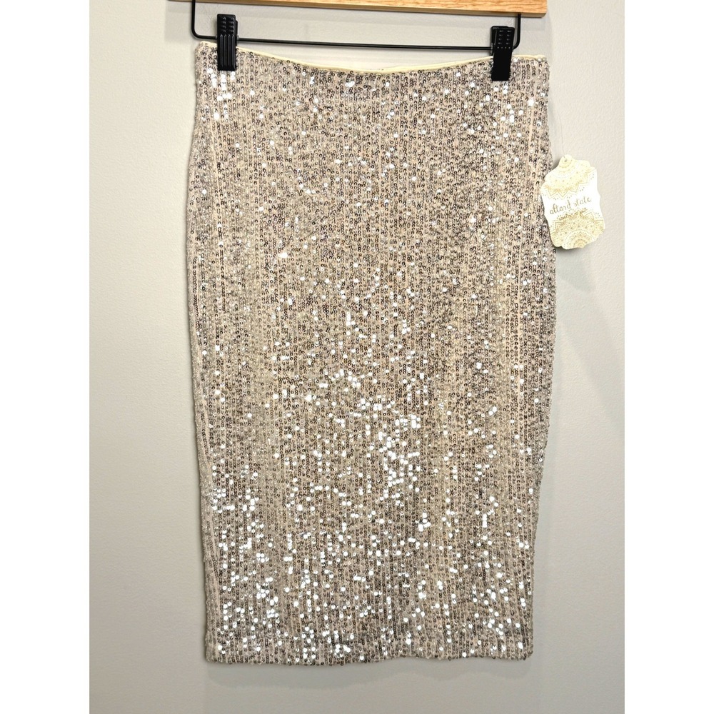 NWT Altar'd State Champagne Sequin Stretch Party Pencil Skirt S Cocktail Shimmer